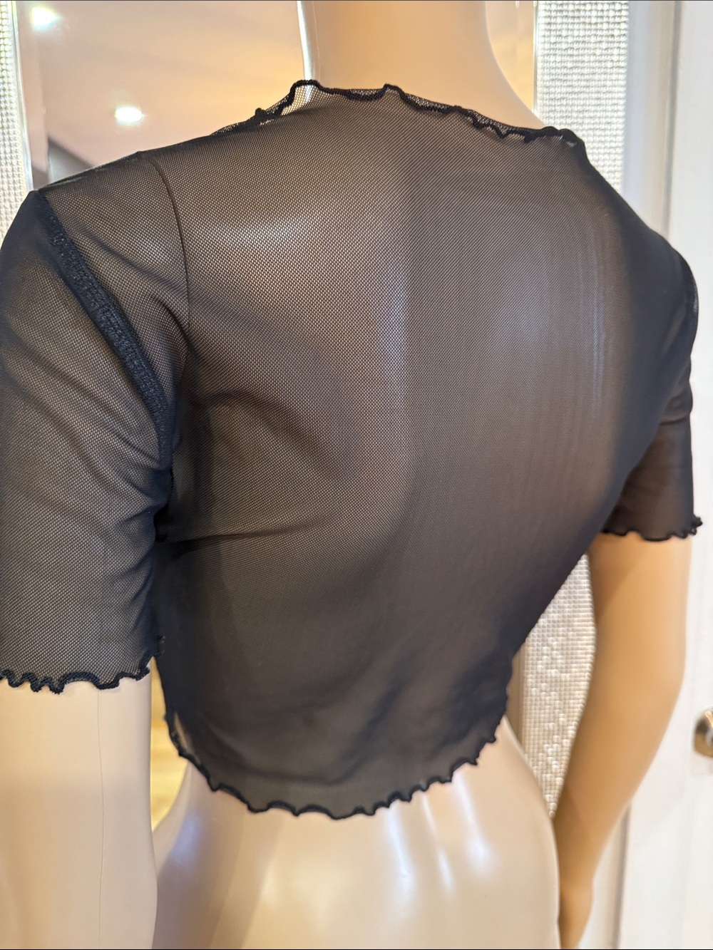 Black Mesh Graphic Crop Top with Vintage Portrait - Picture 7 of 10